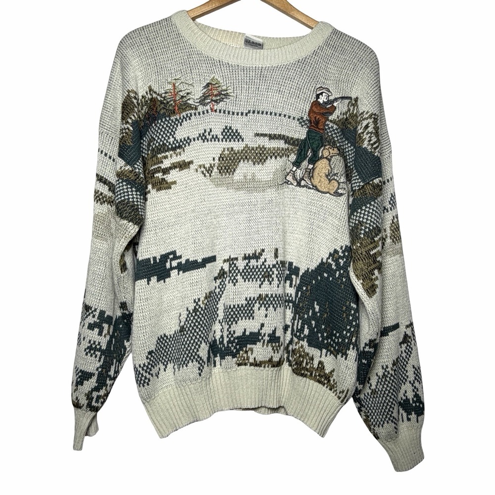Vintage 80s Hunting Scene Sweater Mens XL Hunter Retriever Dog Scenic Novelty